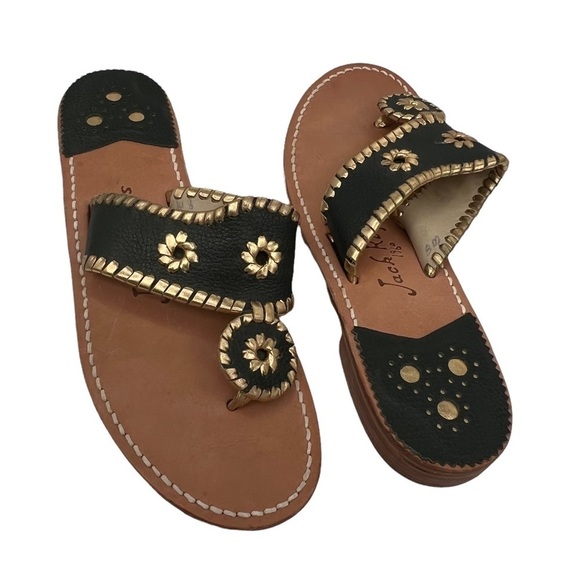 Jack Rogers Green Gold T-Strap Flay Sandals Size 8 Women's - Picture 1 of 9